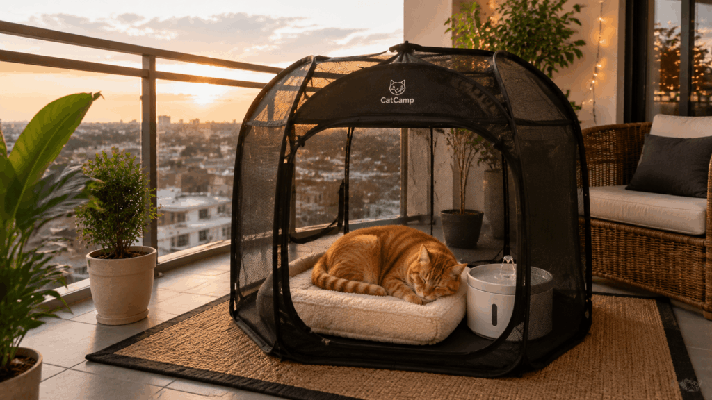 A portable pop-up catio as an easy cat safe balcony renter solution.