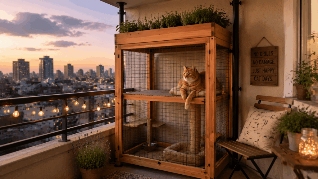 wooden apartment balcony catio with mesh walls and indoor cat resting inside