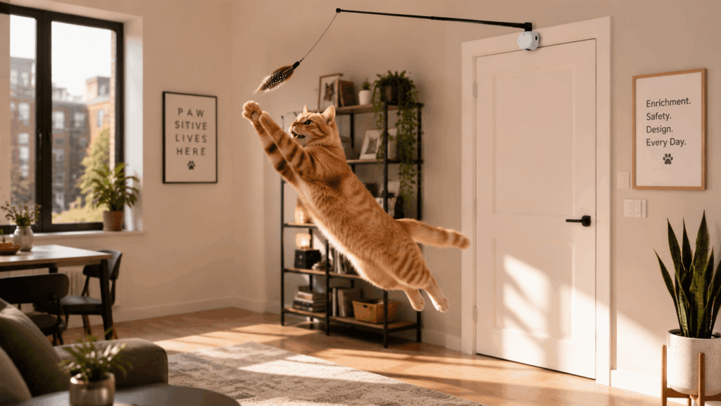 window-mounted cat toy and vertical scratcher in a minimalist studio apartment