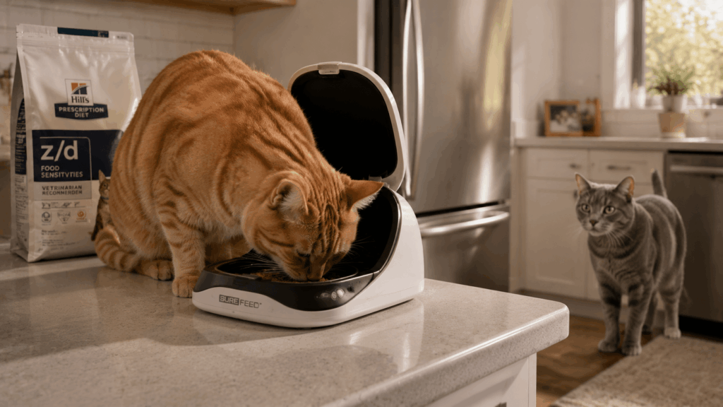 Using a microchip cat feeder prescription diet setup to prevent food theft in a multi-cat home.