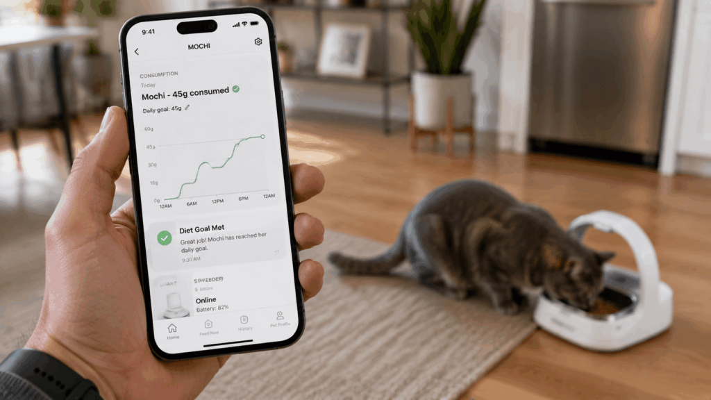 Tracking consumption data with a microchip cat feeder prescription diet app.