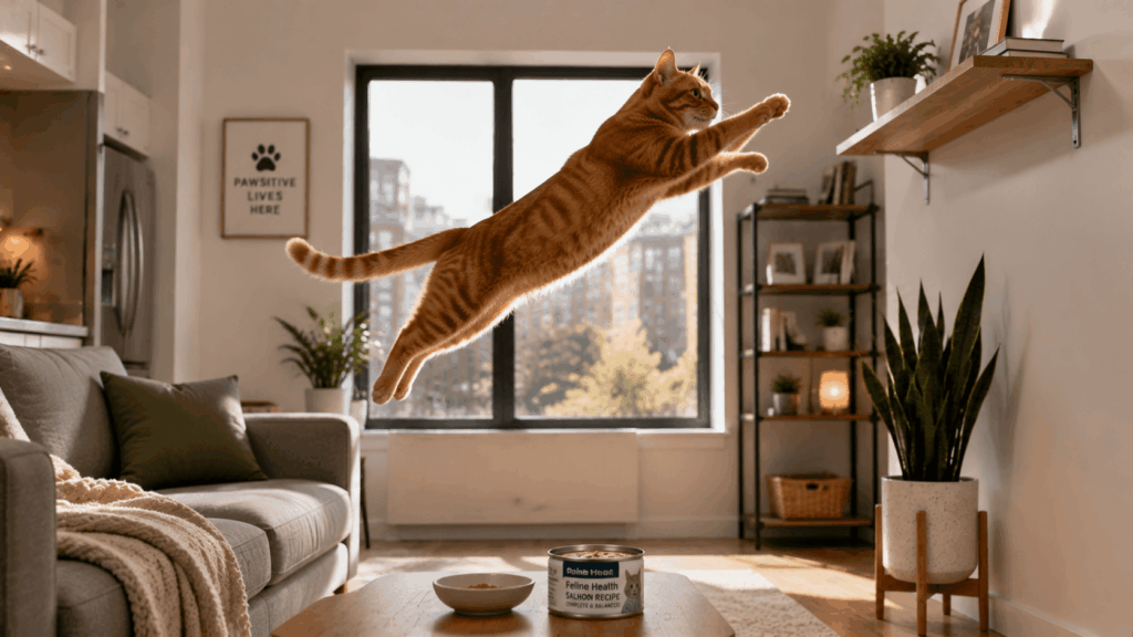 A fit orange tabby demonstrating the results of a low calorie cat wet food diet.