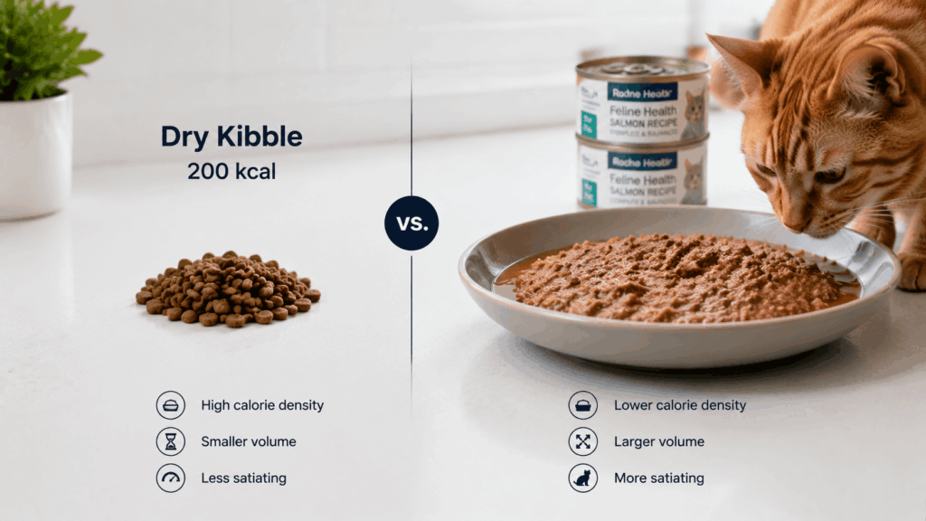  Comparing the volume of dry food vs low calorie cat wet food for satiety.