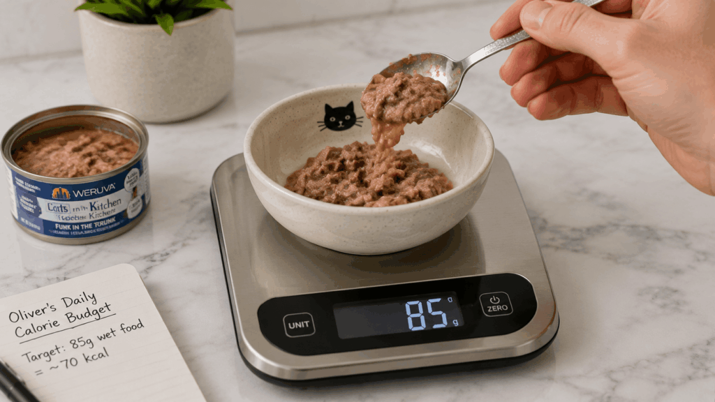 Measuring the precise portion of low calorie cat wet food on a digital scale.