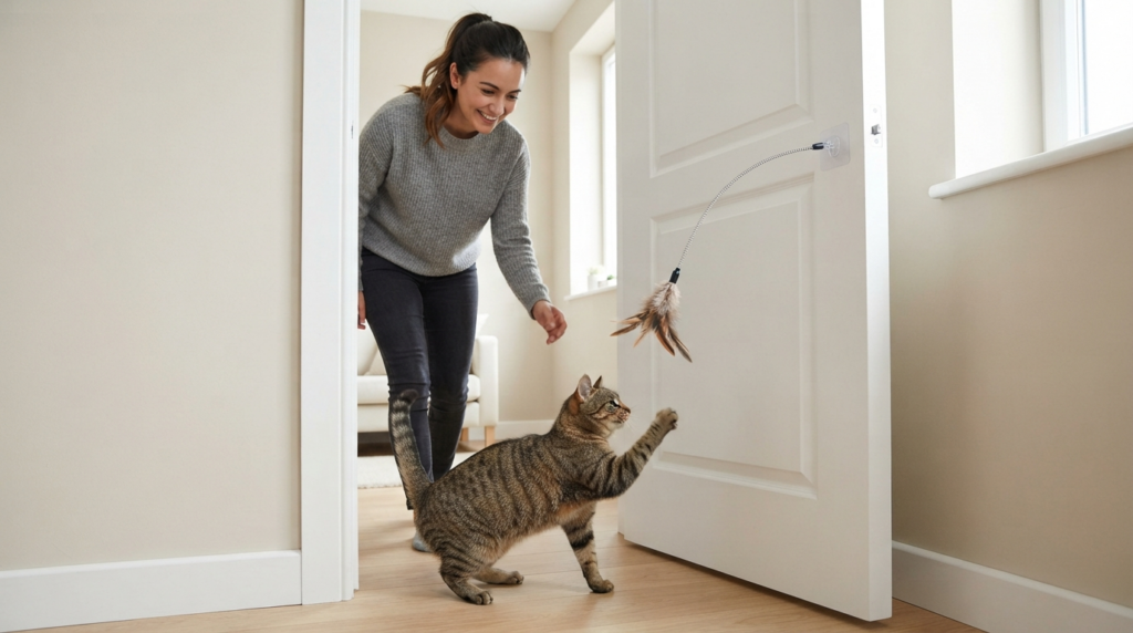 No-drill space saving cat toy attached to a rental apartment door