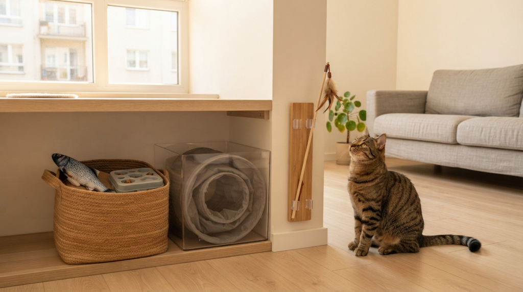 Space-saving cat toy rotation and storage for a small apartment