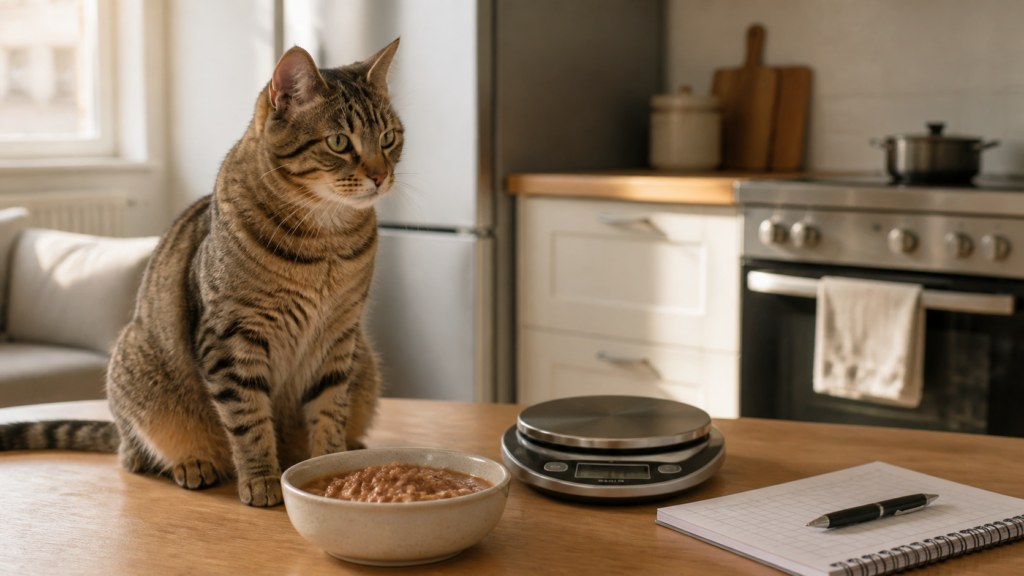 Low calorie cat wet food beside a kitchen scale and feeding log for measured portions