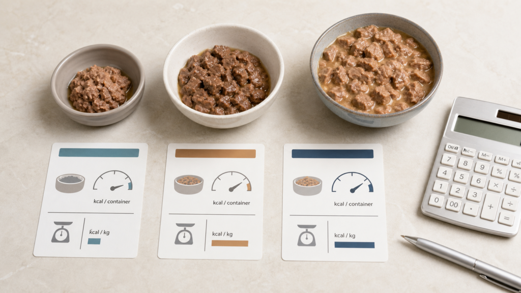 Comparing kcal per container and kcal per kilogram for low calorie cat wet food