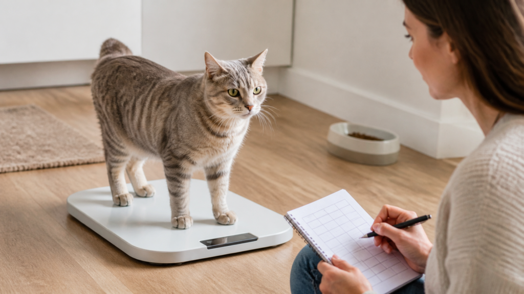 Indoor cat standing on a pet scale while its weight and feeding response are recorded