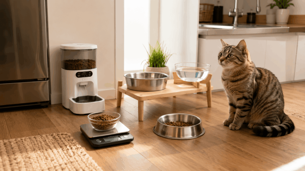 apartment cat feeding and weight control setup with measured meals