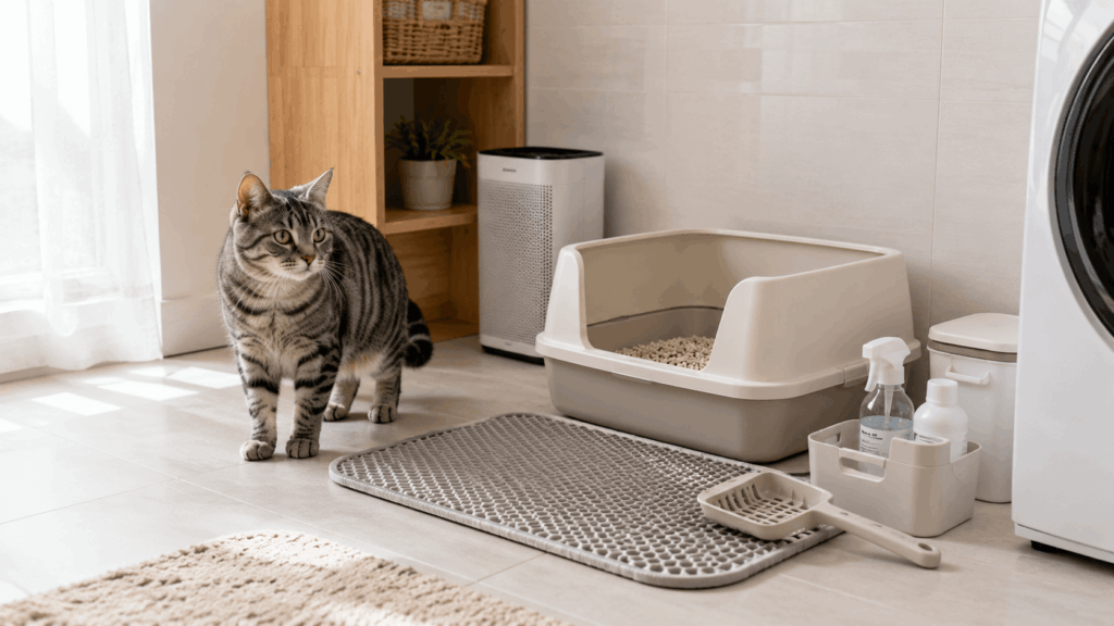 litter box odor cleaning setup for an apartment cat
