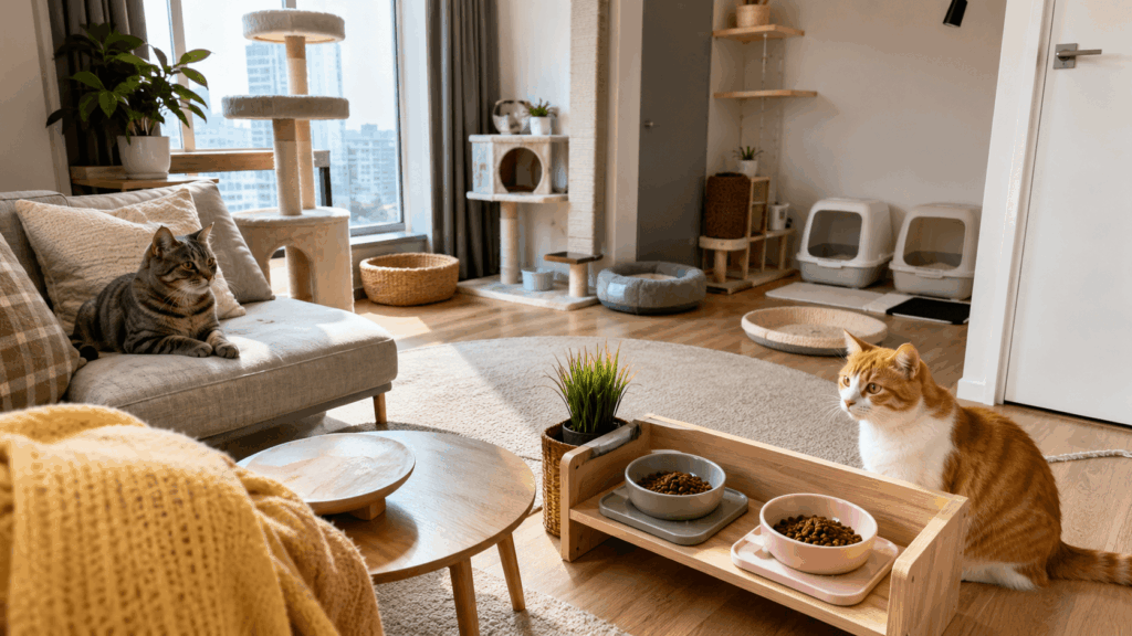multi-cat apartment living setup with feeding and litter zones