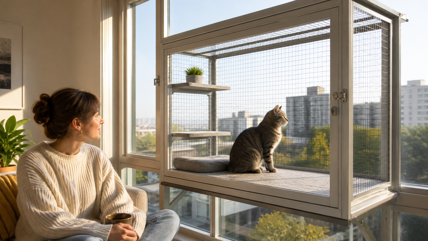 indoor cat using a secure renter friendly window catio under supervision