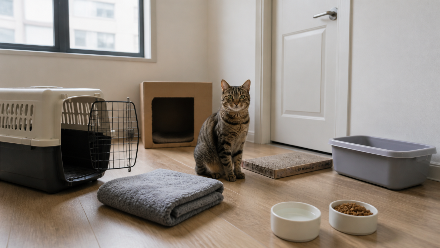 Cat safe room prepared before moving into a new apartment