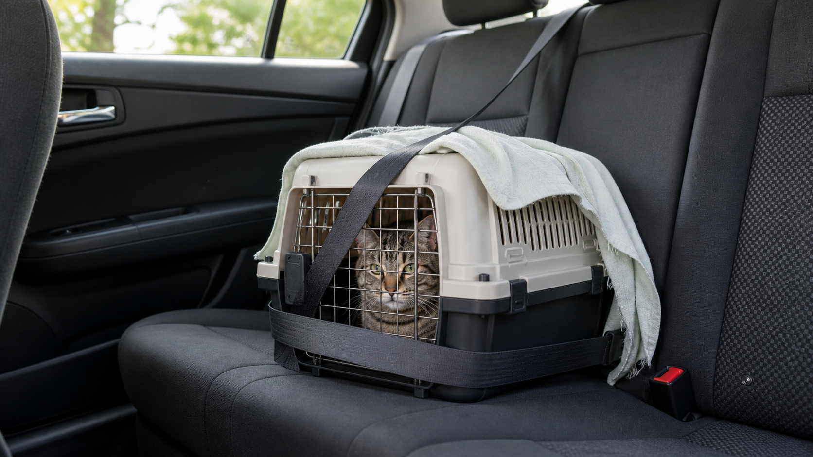 Cat secured in a closed carrier on the rear seat during an apartment move