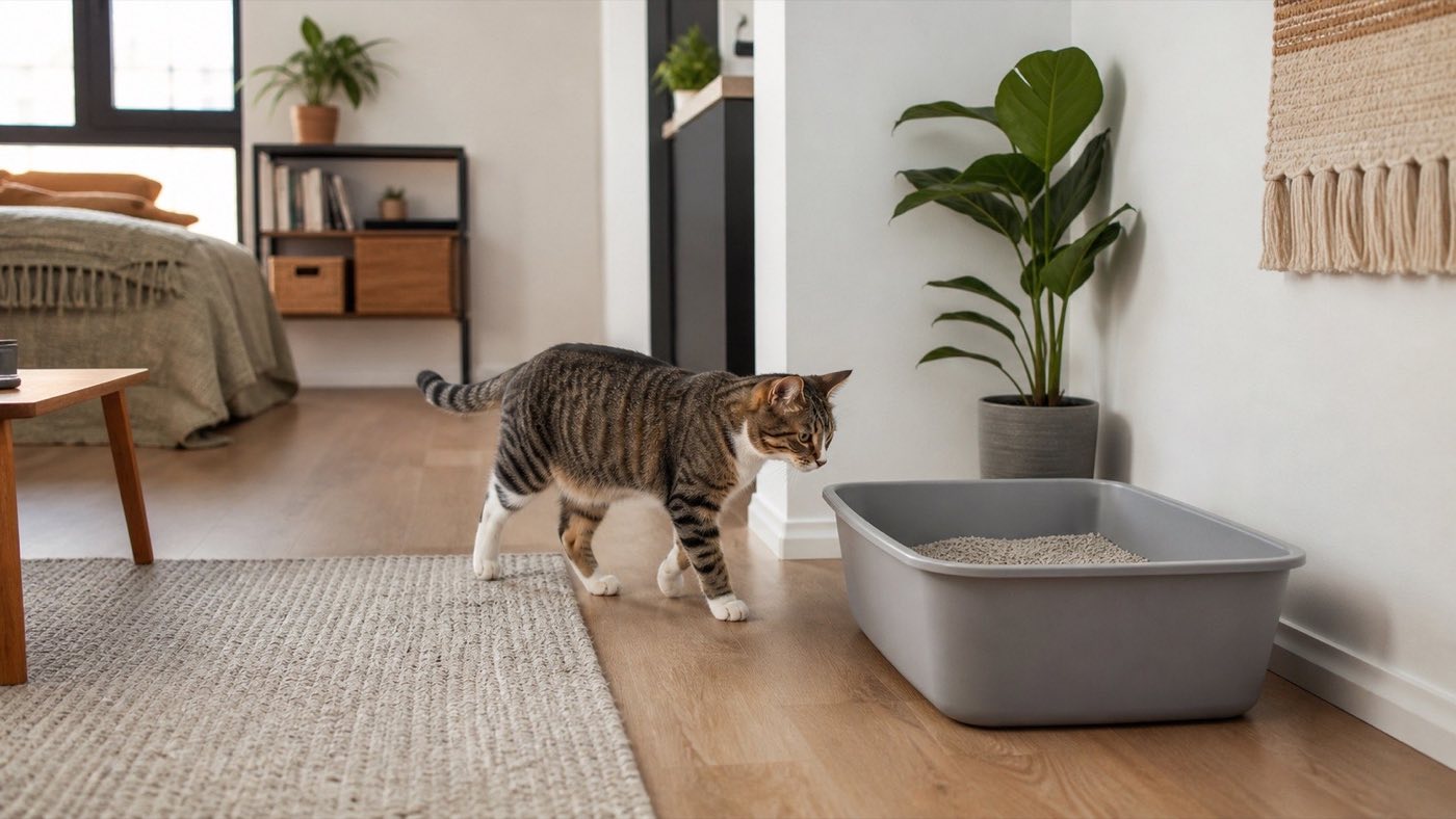 litter box placement in a studio apartment away from cat food and water