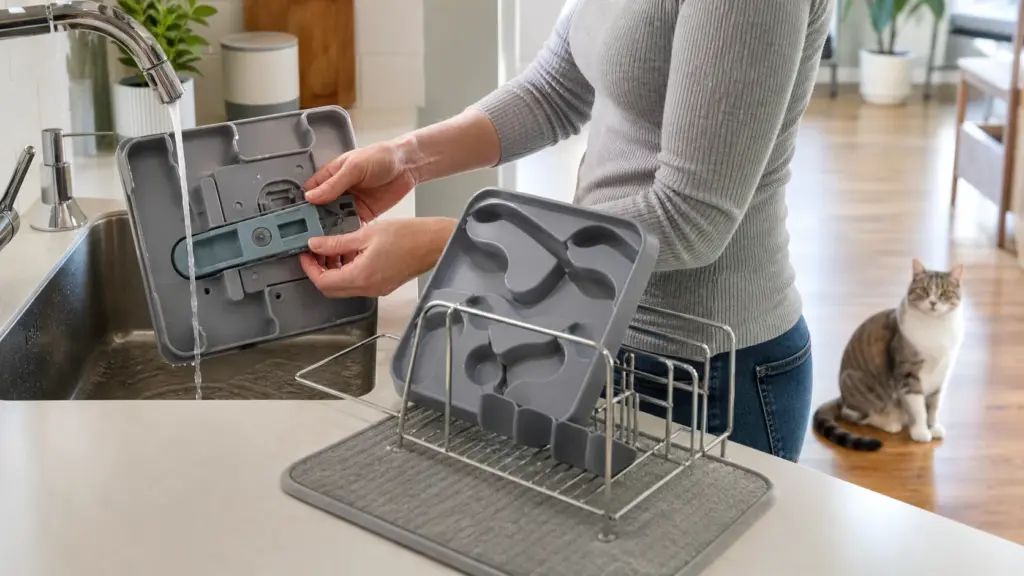 Cleaning and inspecting a cat puzzle feeder after a meal