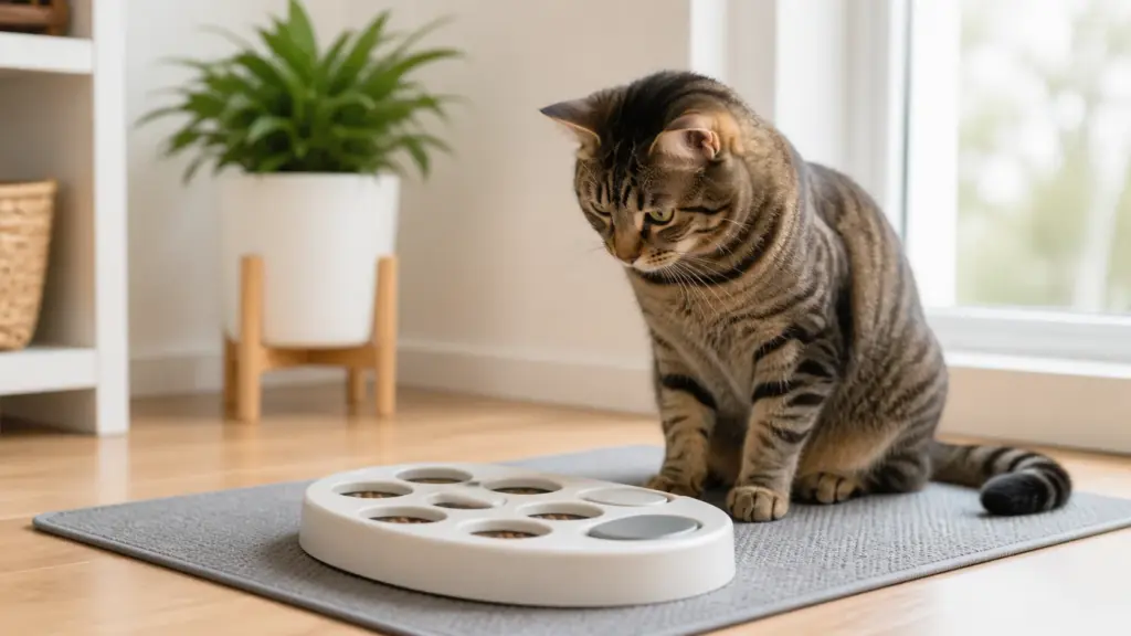 How to teach a cat to use a puzzle feeder with open food wells