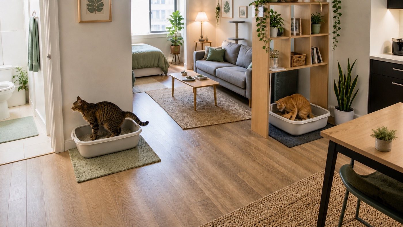 two separate litter box locations for cats in a studio apartment