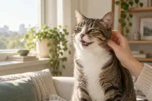 Indoor cat with mouth slightly open while its owner gently touches its cheek